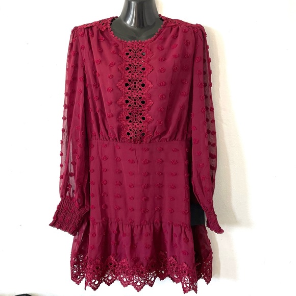 LULUS Lust or Love Wine Red Embroidered Lace Long Sleeve Mini Dress - Picture 6 of 15